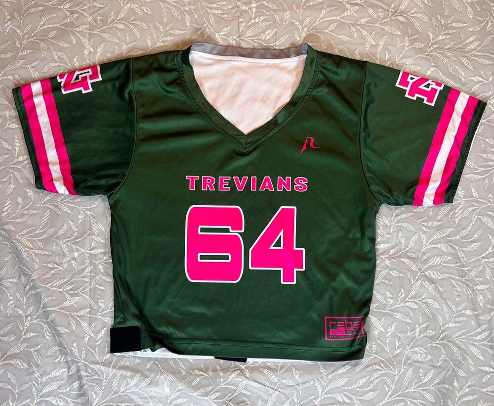 Rebel Sports Trevians 64 Cheer Football Jersey Crop Top Green Pink Size YL/YXL